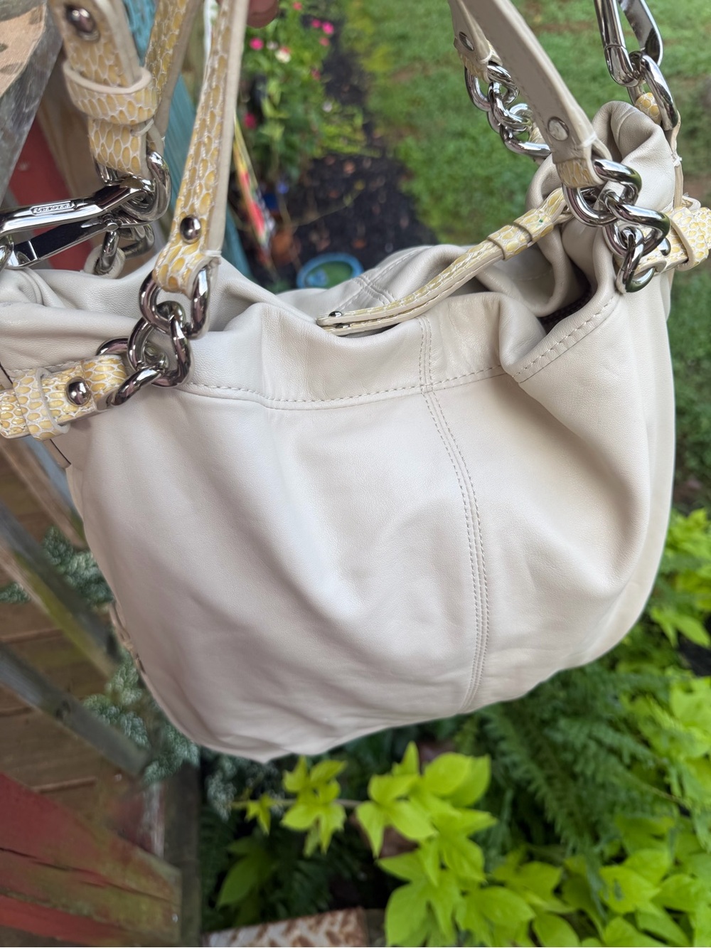 Vintage Coach Ivory Soft Leather Snakeskin Detail Zipper Hobo Shoulder Bag ~1993